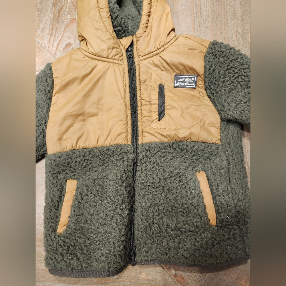 Eddie Bauer Faux Shearling Kids Hooded Jacket With Pockets- Olive Green/Tan